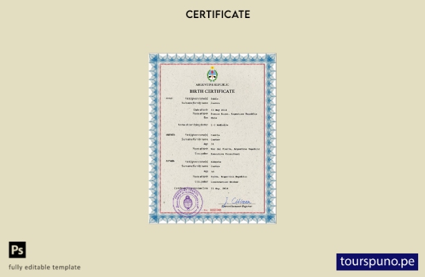 listo para imprimir plantilla PSD de certificado de nacimiento del registro ci 1